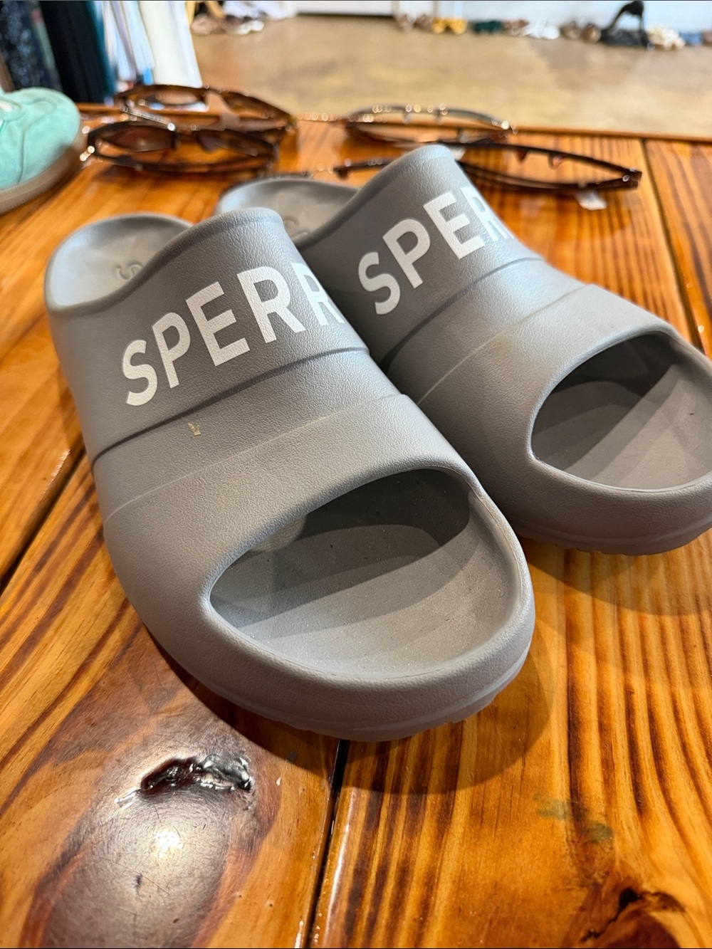 Sperry Gray Foam Slide Sandals with White Logo